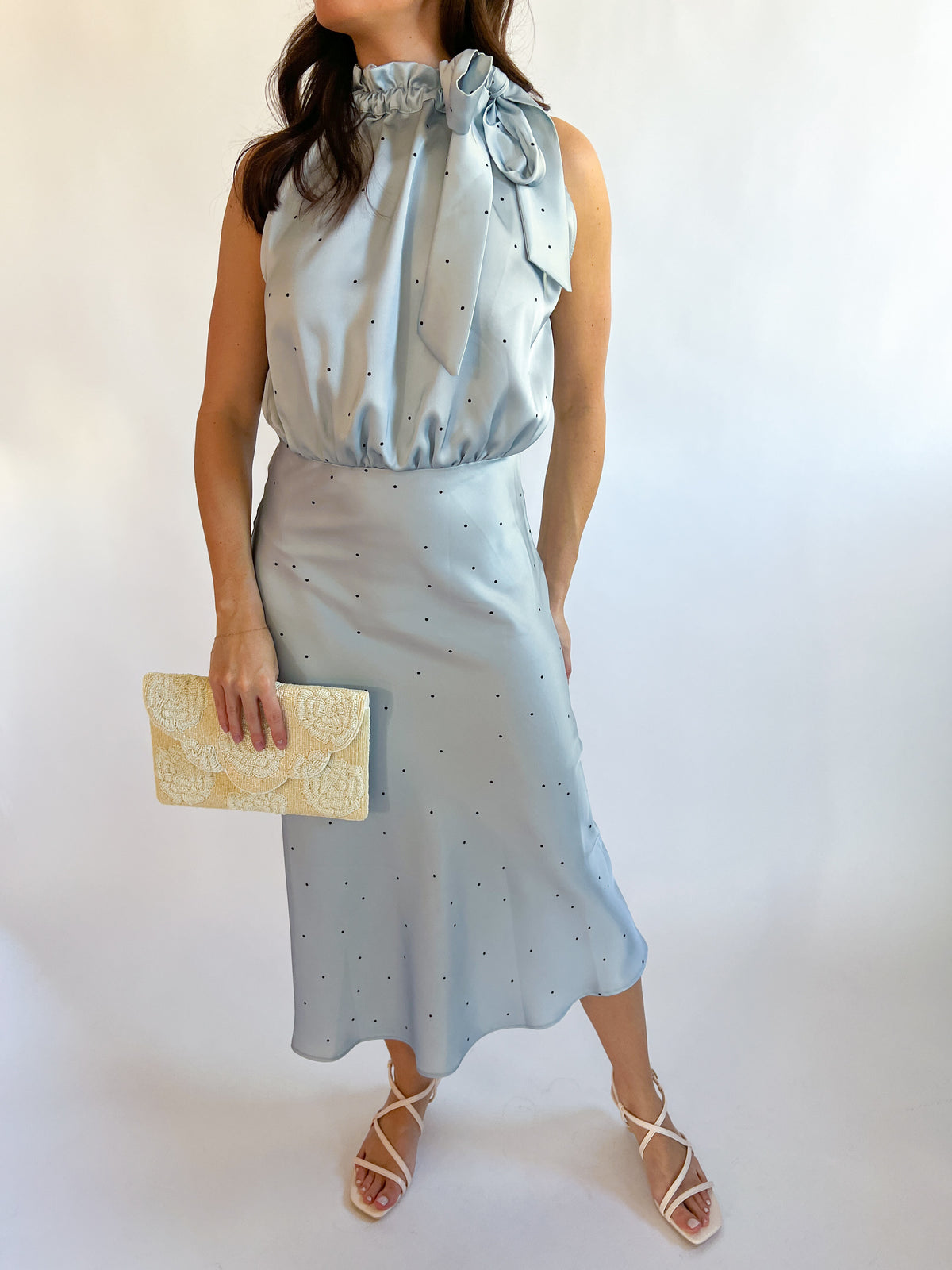 frill neck midi dress Ruffle Neck Midi Dress-Brown Polka Dot L