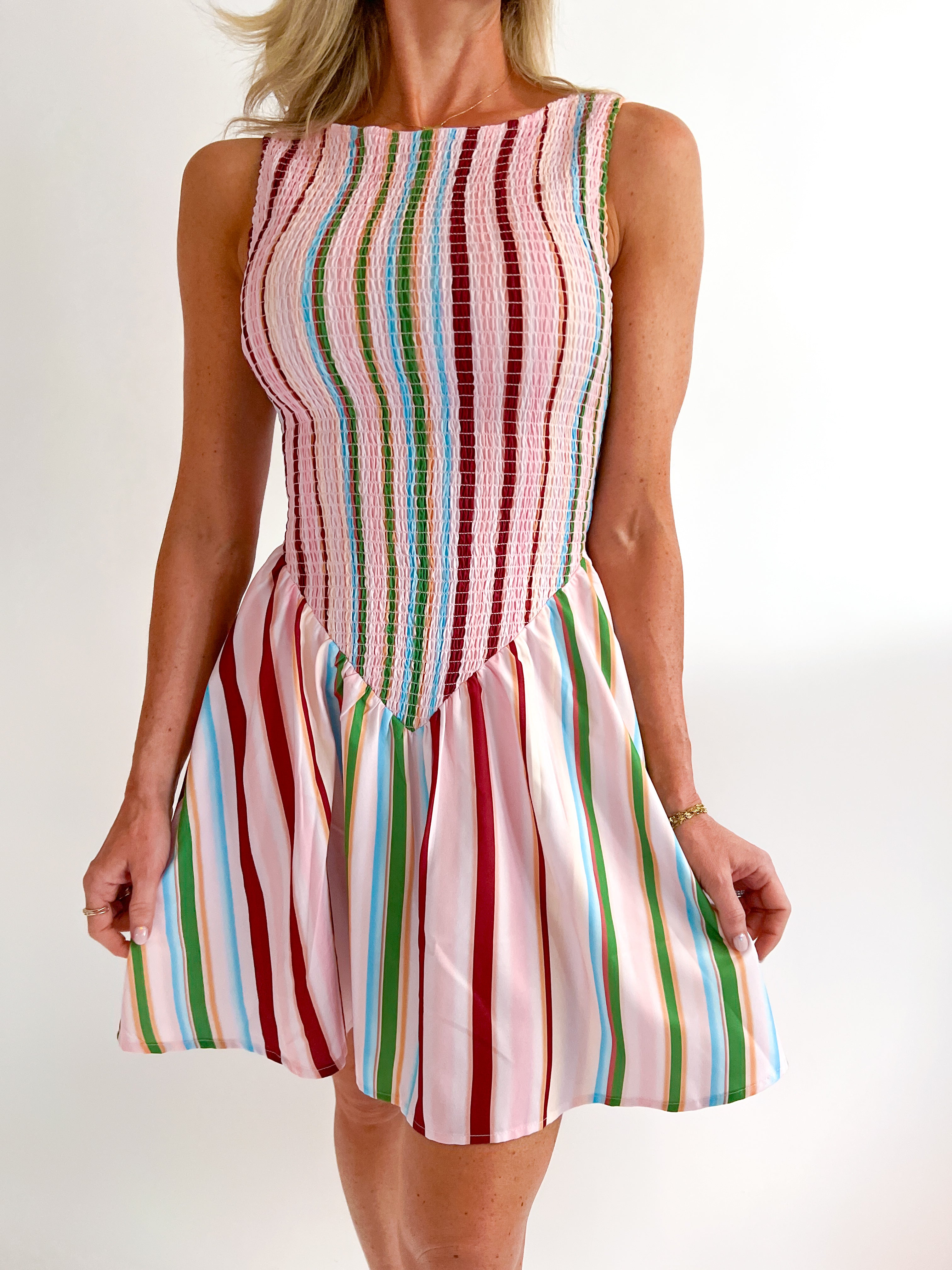 Sorbet Stripe Smocked Mini Dress by URBAN DAIZY in pink stripe with smocked bodice