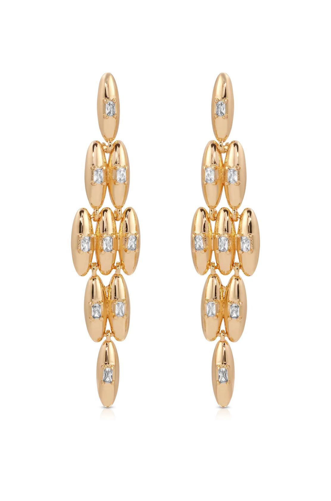 Gold-plated oval dome baguette crystal dangle earrings