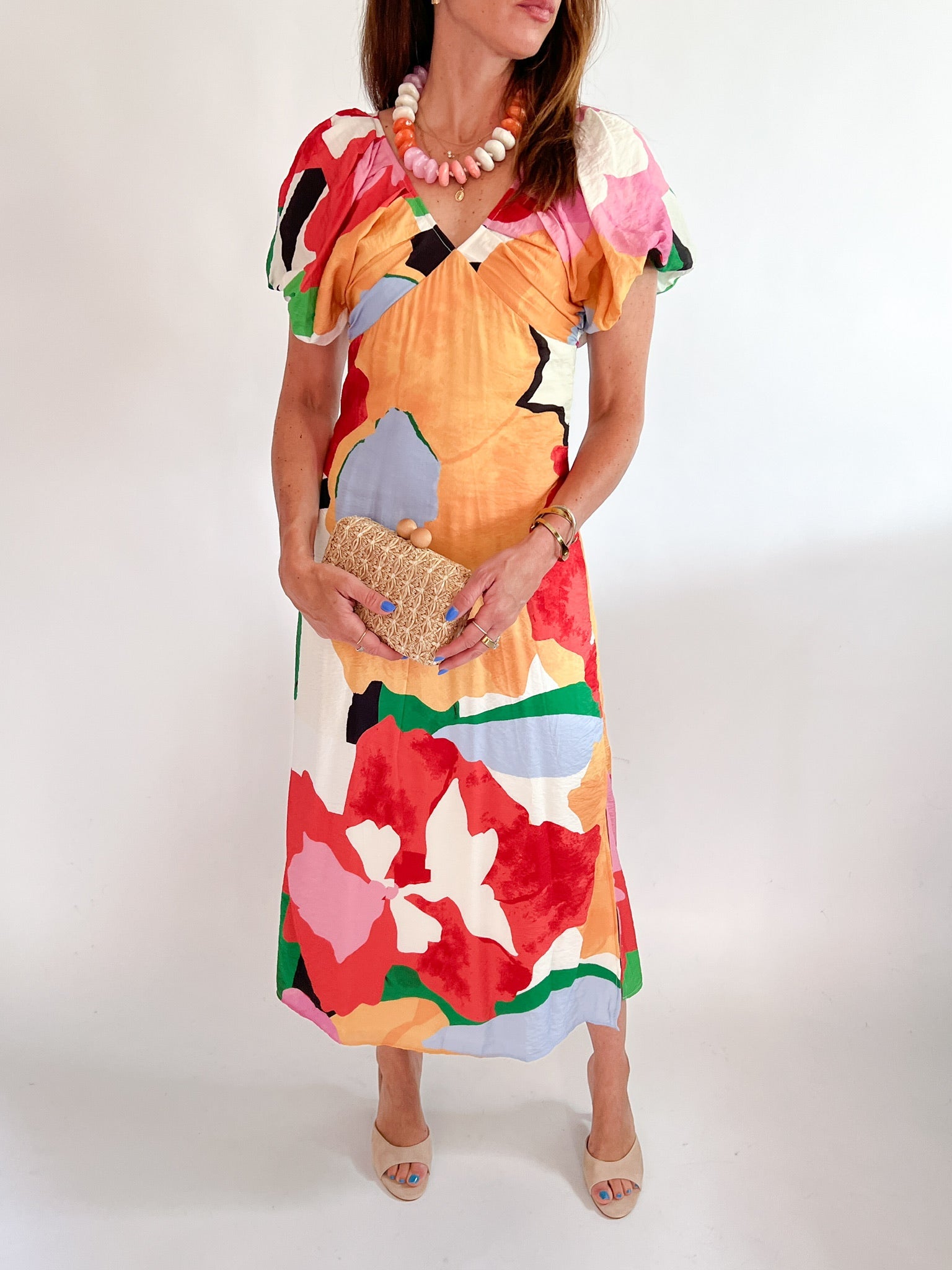 Multicolor abstract print dress with puff sleeves and V-neckline
