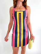Striped mini dress with square halter neckline