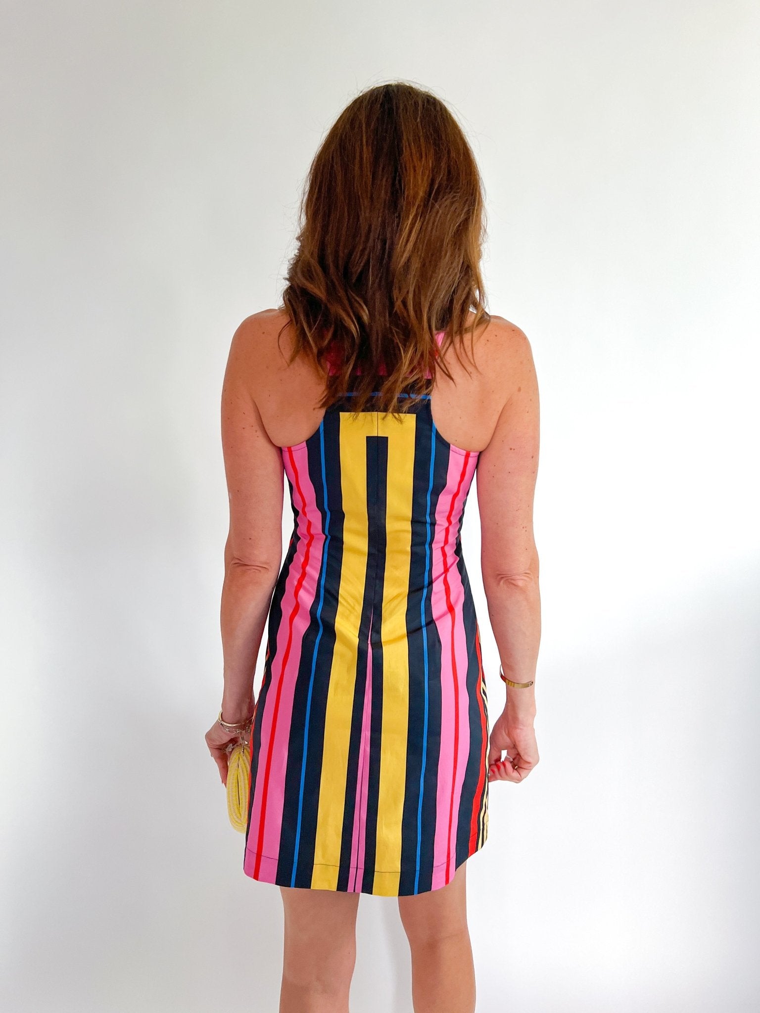 Striped mini dress with square halter neckline