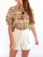 Floral border print puff sleeve blouse