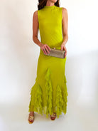 Green ruffle-trim maxi dress with a fitted bodice