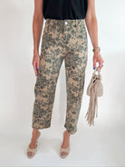 Floral print high-rise barrel jeans in sand wash