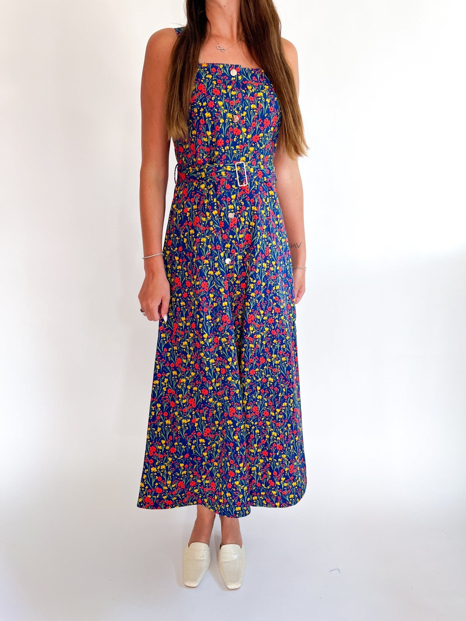 Blue floral maxi dress with ditsy print