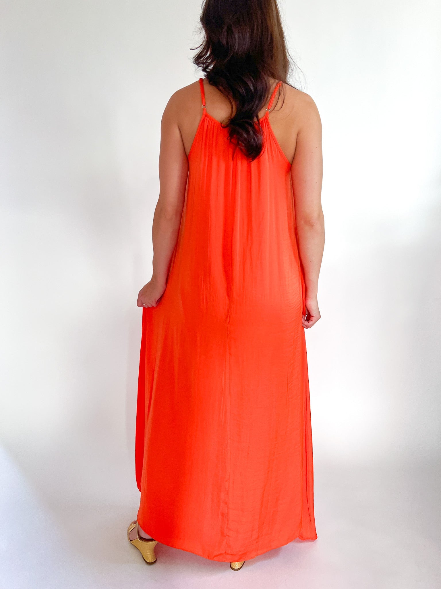 Orange beaded maxi dress with spaghetti straps