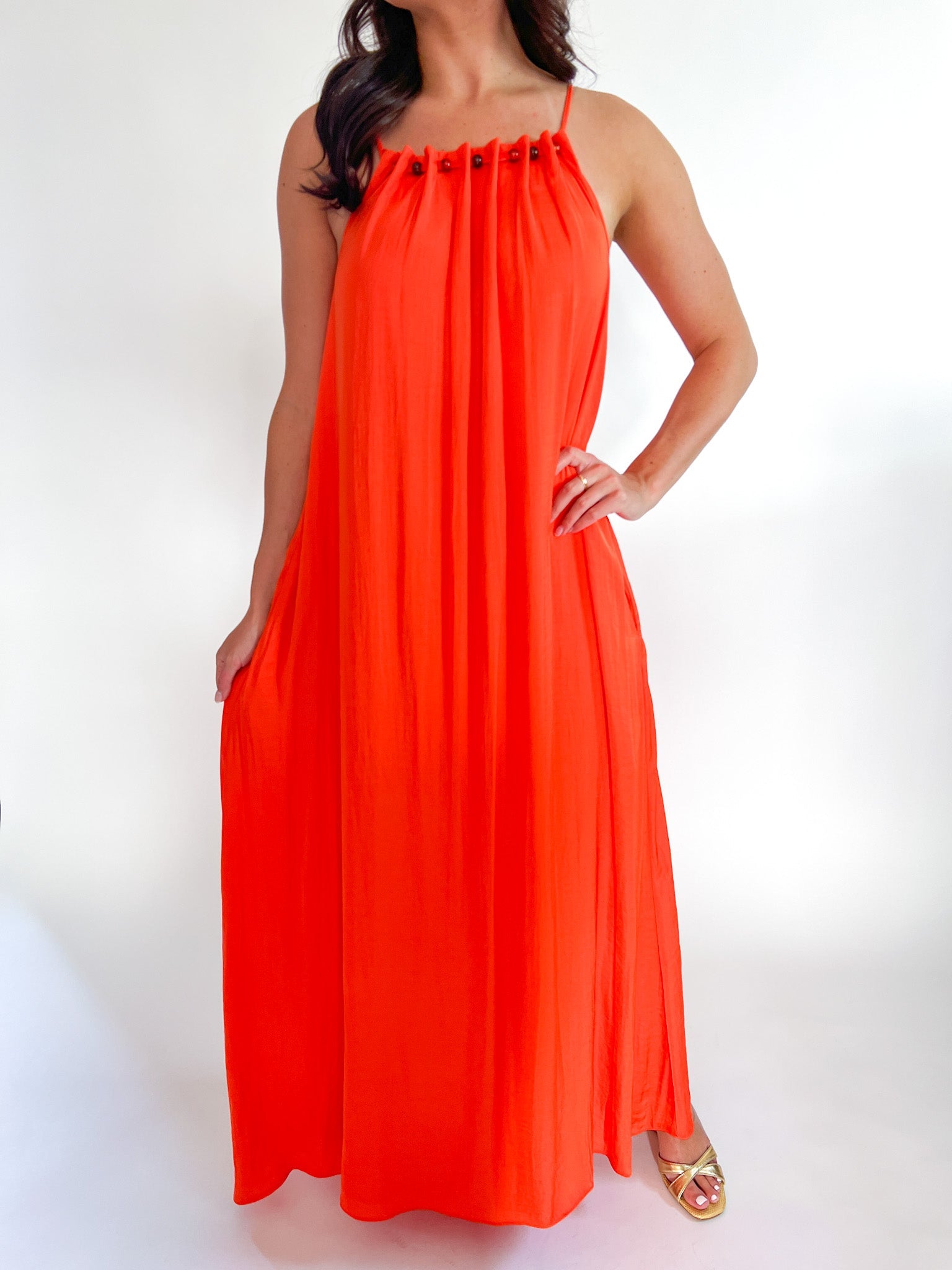 Orange beaded maxi dress with spaghetti straps