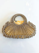 Gold beaded crossbody bag with fan-shaped handle