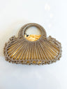 Gold beaded crossbody bag with fan-shaped handle