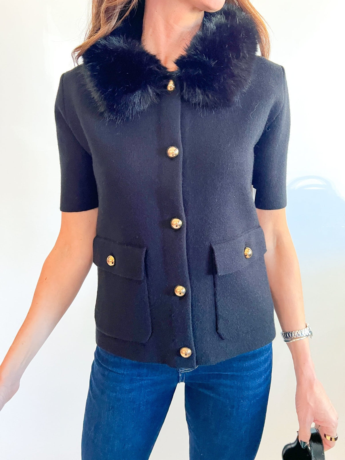 Black Faux Fur Trim Cardigan - Swoon Boutique New Orleans