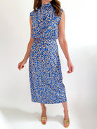 Blue floral draped midi top and skirt matching set