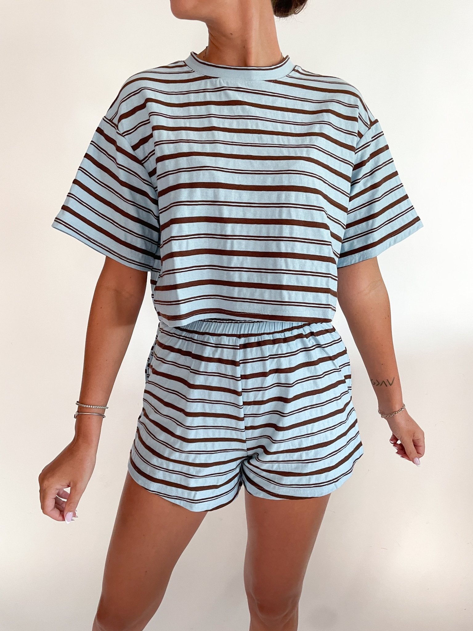 Blue and brown striped short sleeve cropped tee