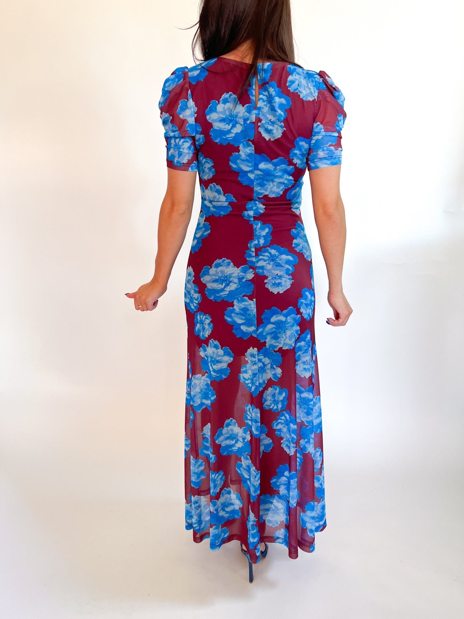 Blue Floral Mesh Midi Dress - Swoon Boutique New Orleans