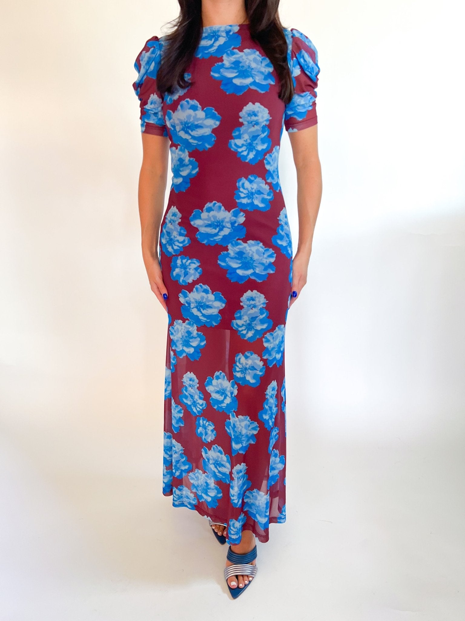 Blue Floral Mesh Midi Dress - Swoon Boutique New Orleans
