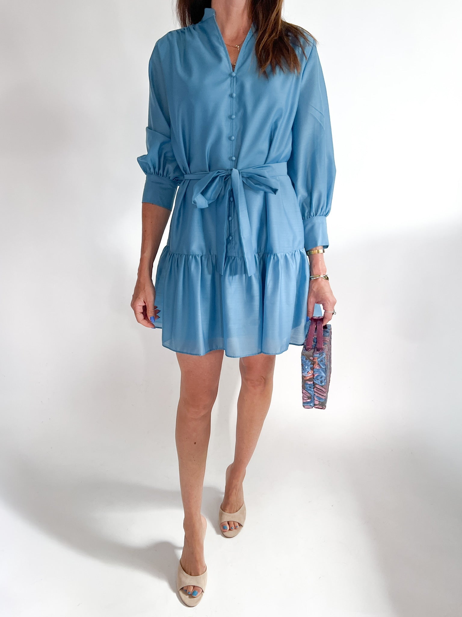 Blue Stone Front Split Buttons Dress - Swoon Boutique New Orleans