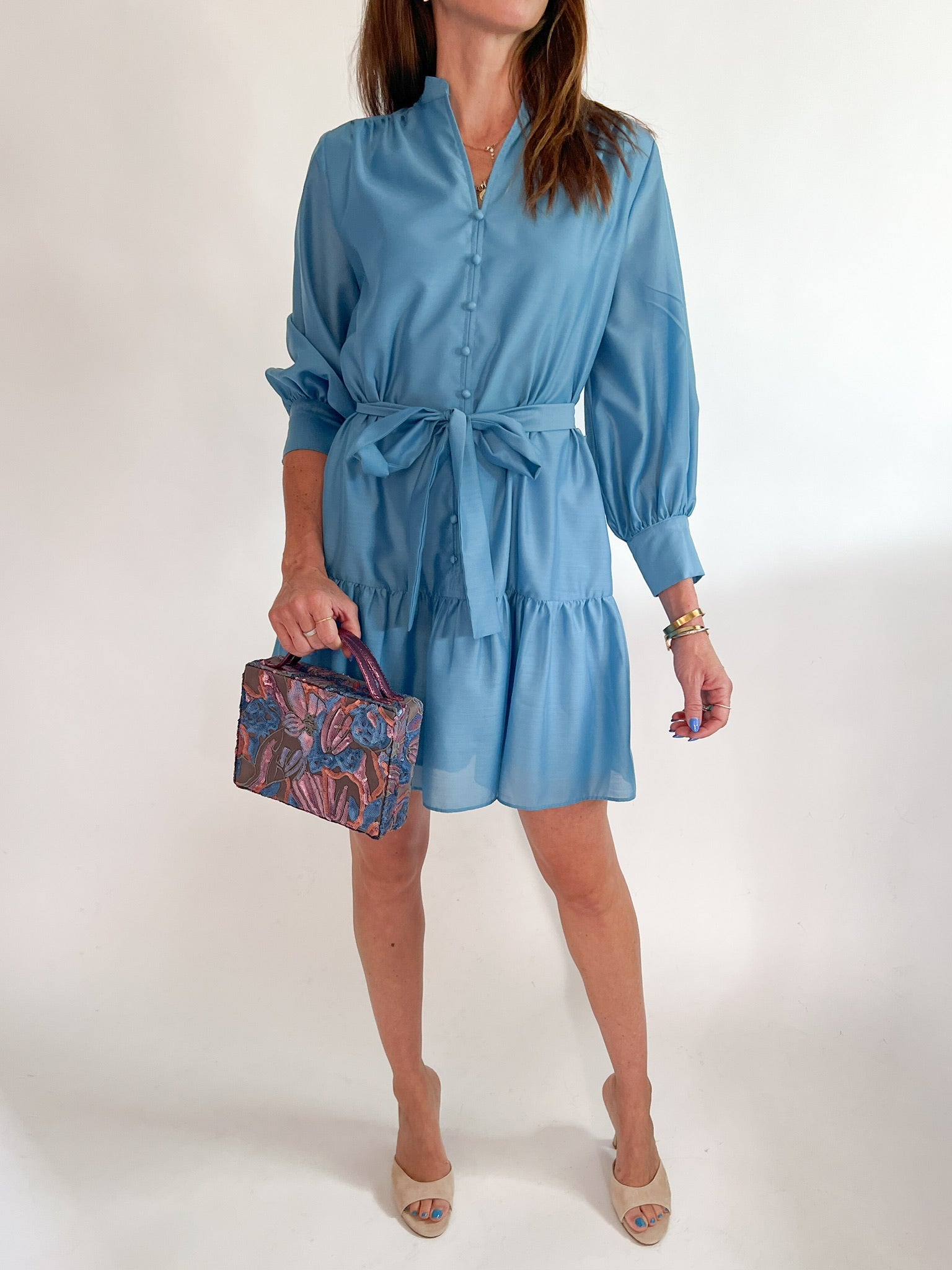 Blue Stone Front Split Buttons Dress - Swoon Boutique New Orleans