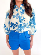 Blueleaf Fitted Blouse by JOY JOY in blue botanical leaf print fitted silhouette
