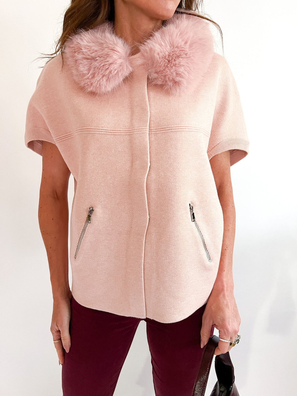 Blush Faux Fur Trim Cardigan - Swoon Boutique New Orleans