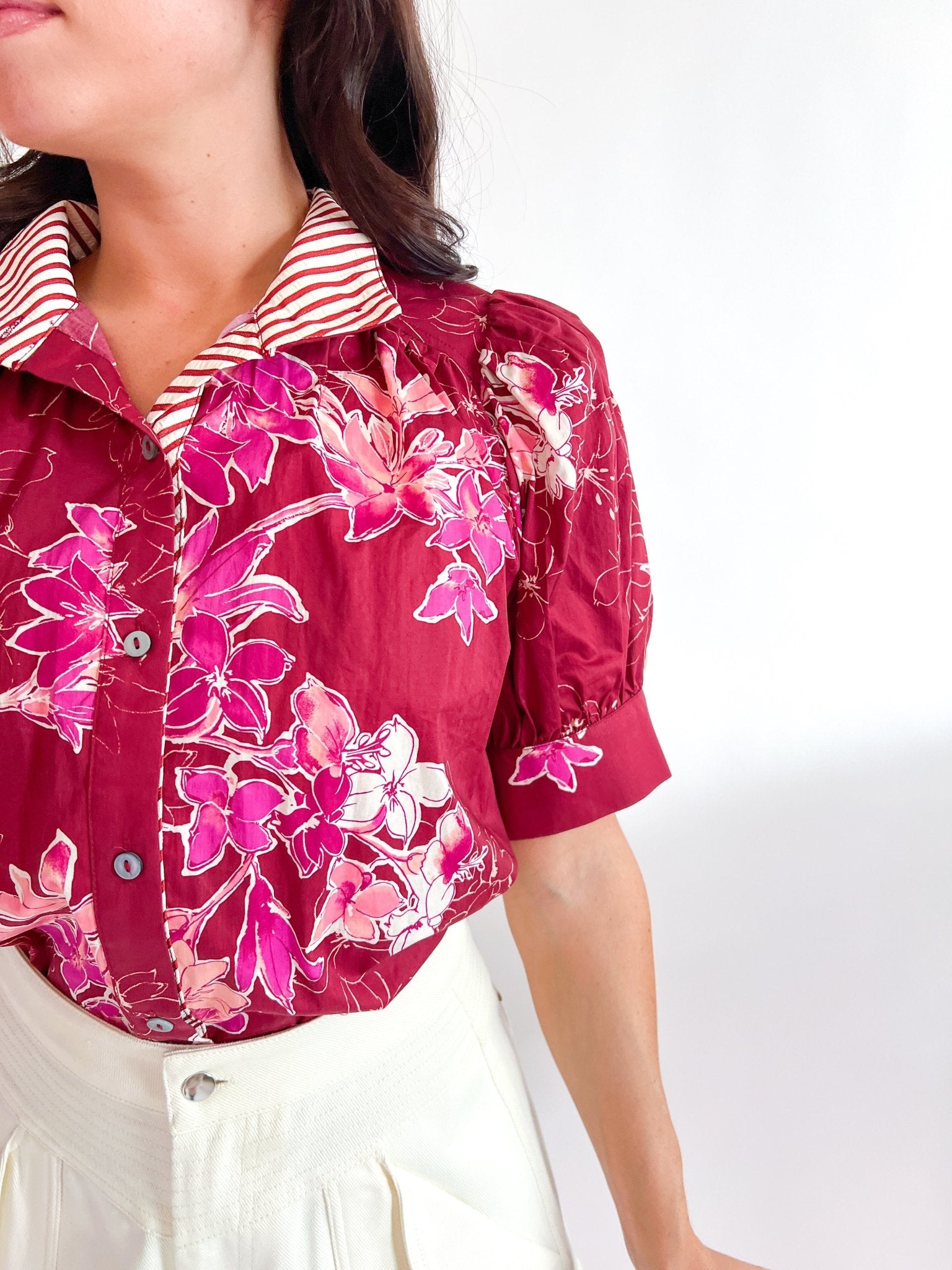 Bordeaux Botanical Button Front Blouse - Swoon Boutique New Orleans