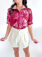 Floral button front blouse with puff sleeves