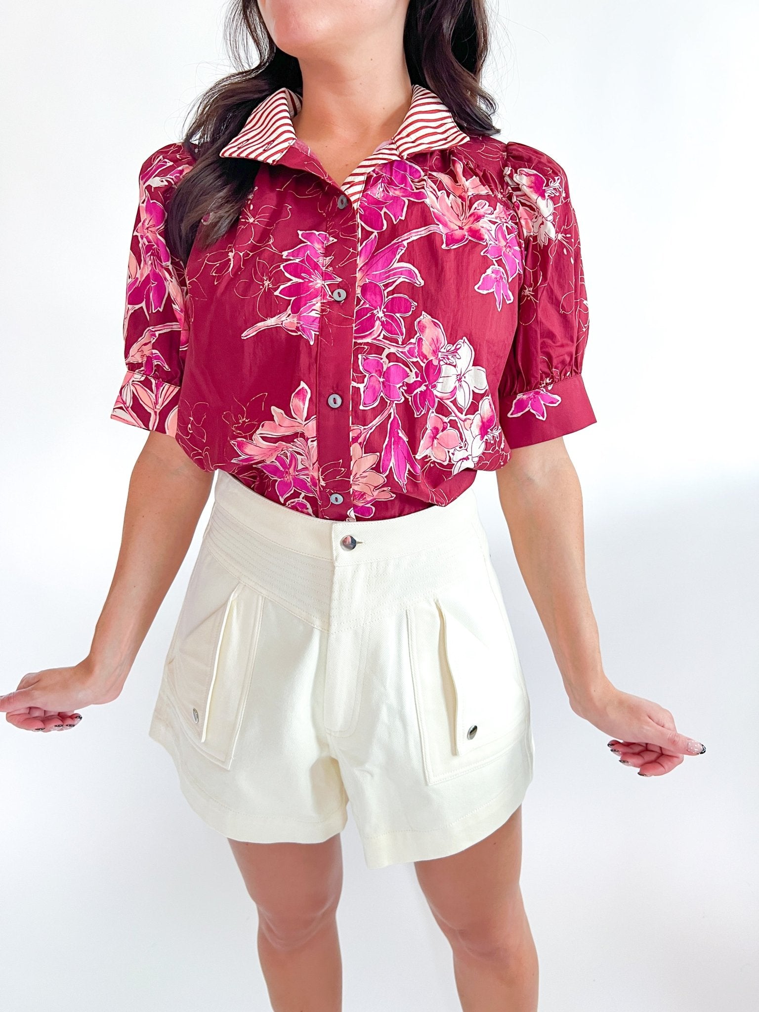 Floral button front blouse with puff sleeves