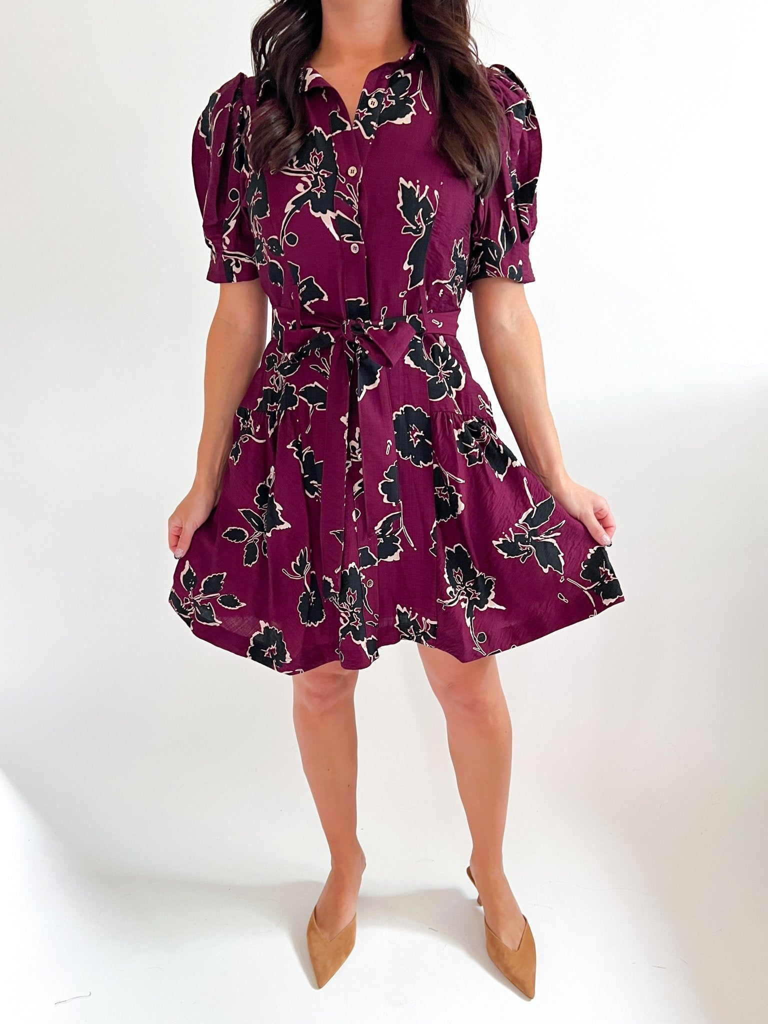 Bordeaux Floral Belted Mini Dress - Swoon Boutique New Orleans