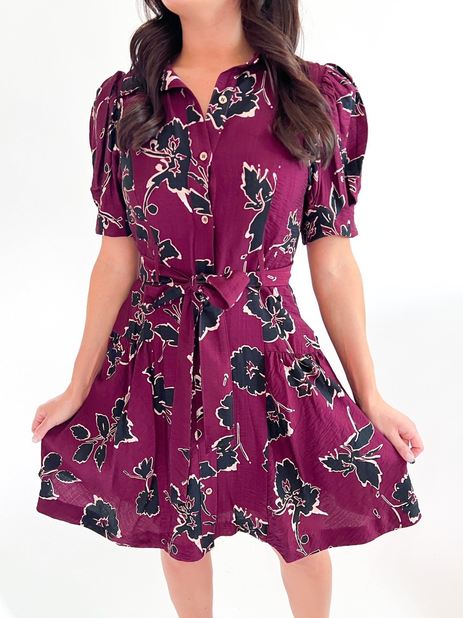 Bordeaux Floral Belted Mini Dress - Swoon Boutique New Orleans