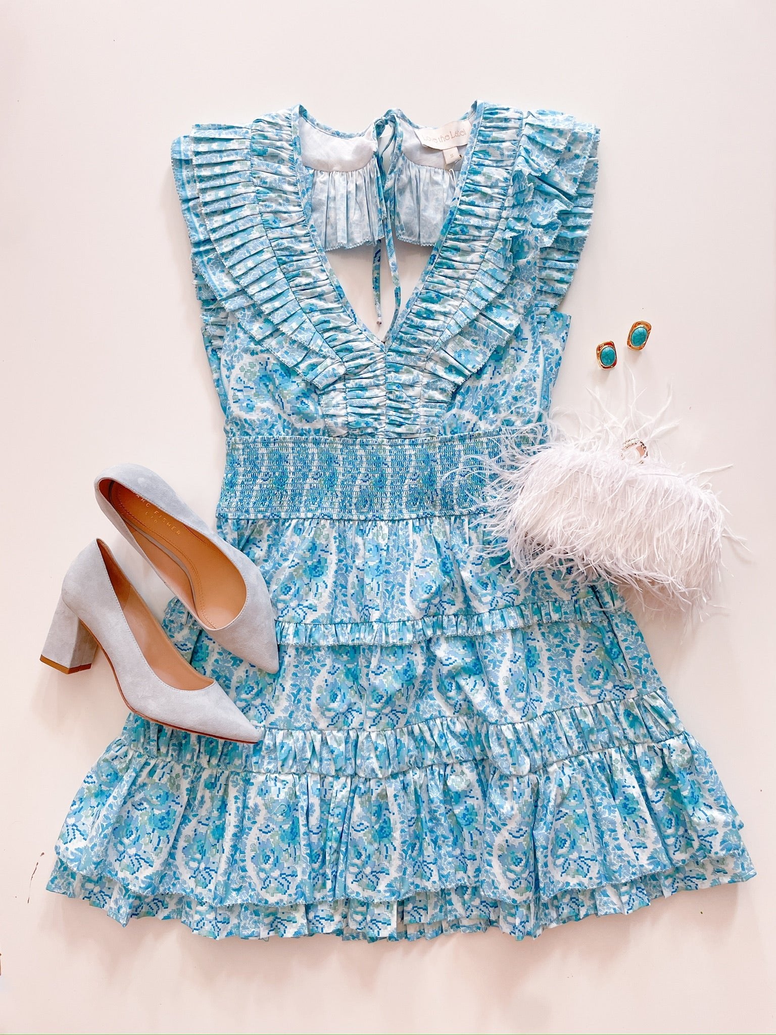 Blue border print mini dress with smocked waist
