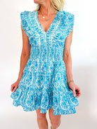 Blue border print mini dress with smocked waist