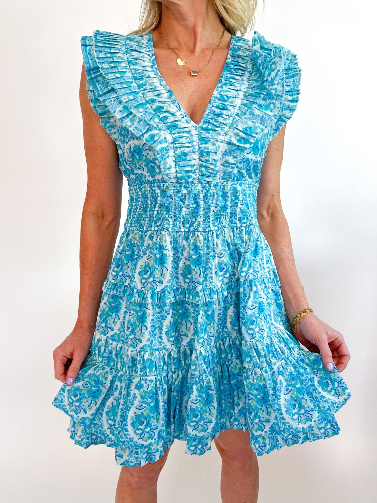 Blue border print mini dress with smocked waist