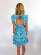 Blue border print mini dress with smocked waist