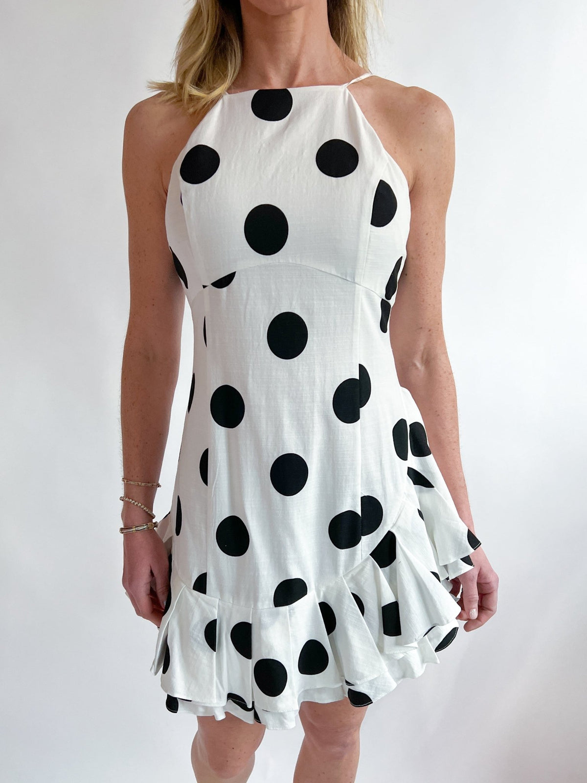 Brianna Halter Ruffle Linen Dot Mini Dress