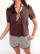Brown Faux Suede Short Sleeve Top - Swoon Boutique New Orleans