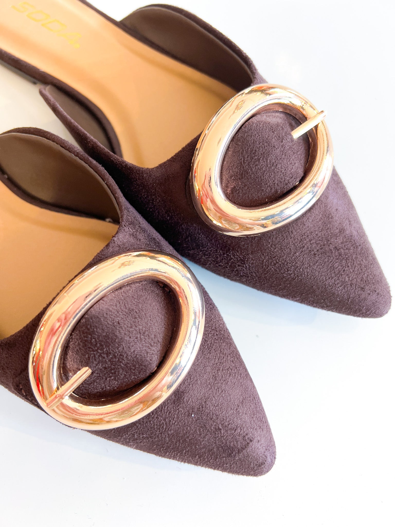 Brown Suede Buckle Mule Heels - Swoon Boutique New Orleans