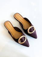 Brown suede mule heels with gold buckle