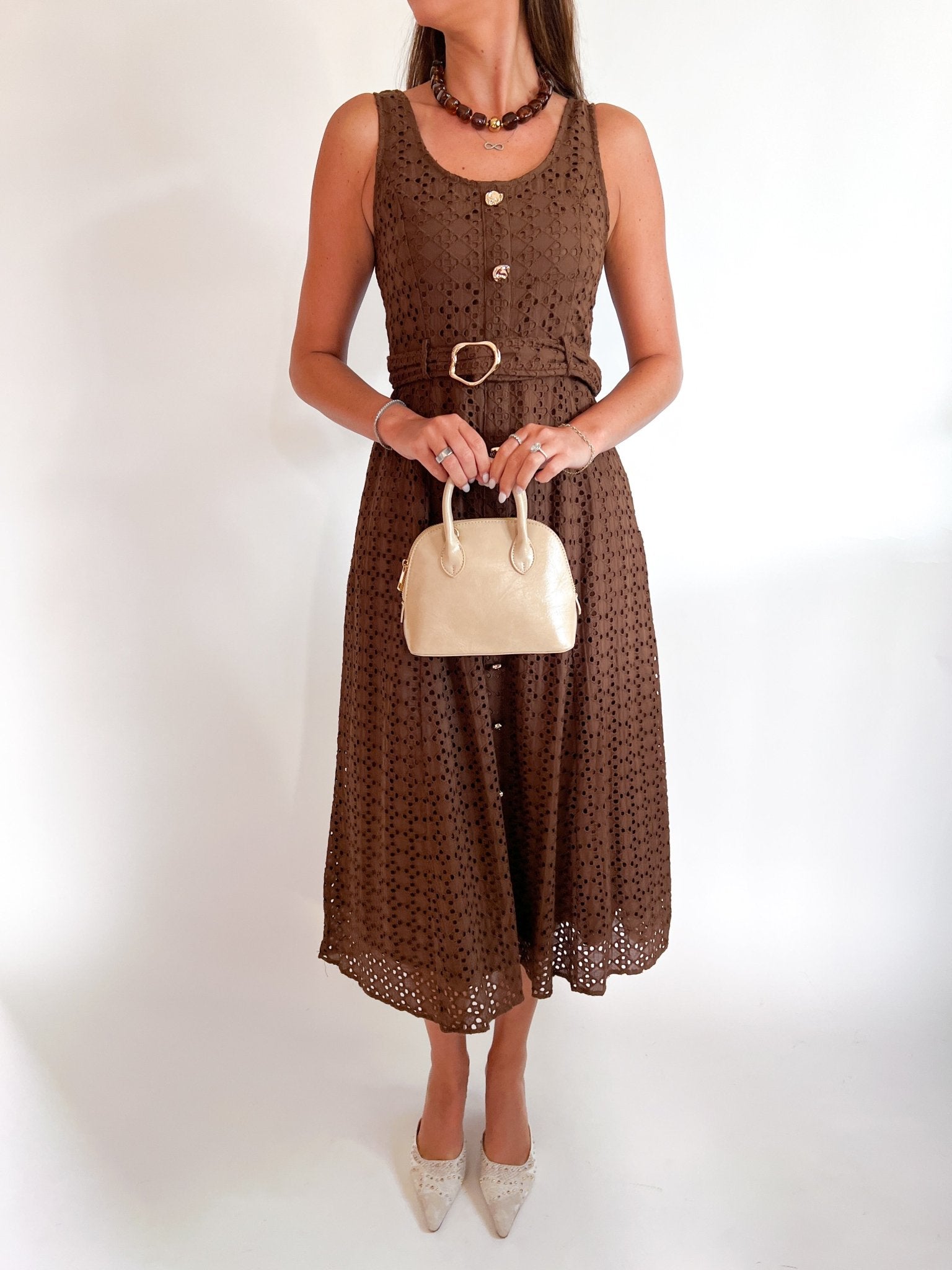 Brown sleeveless eyelet midi dress with belted waist