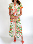 Floral A-line midi dress with flutter sleeves and garden-party print