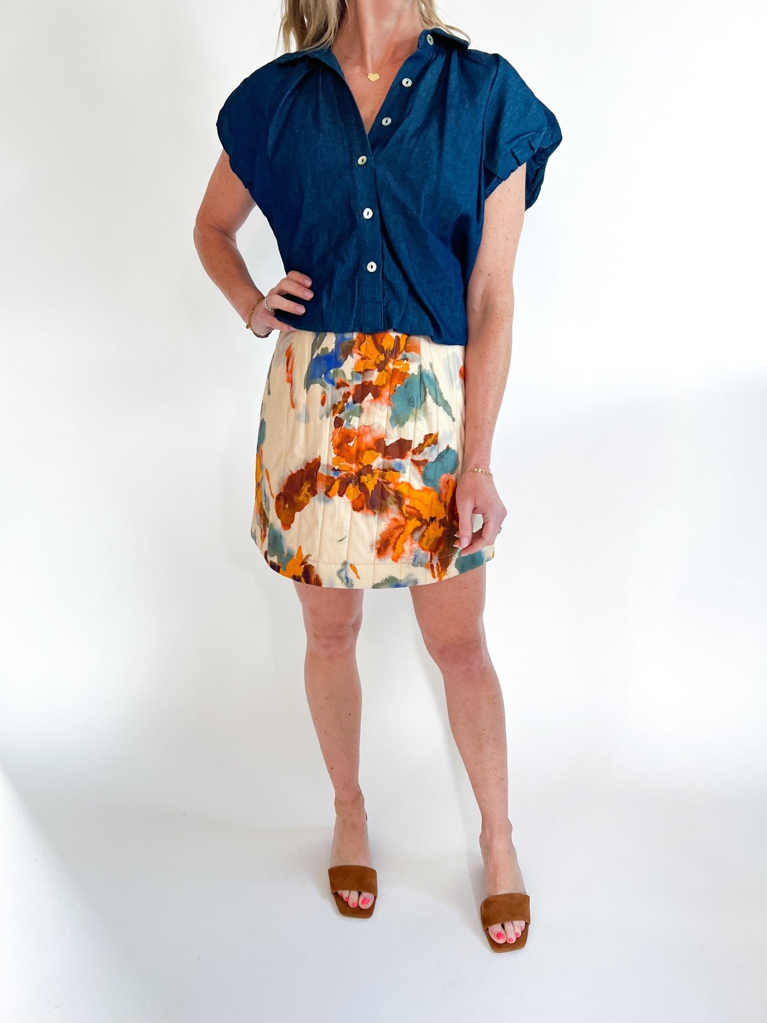 Chambray Puff Sleeve Button Down Top - Swoon Boutique New Orleans