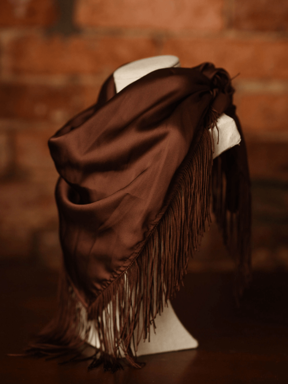 Chocolate brown scarf with fringe trim