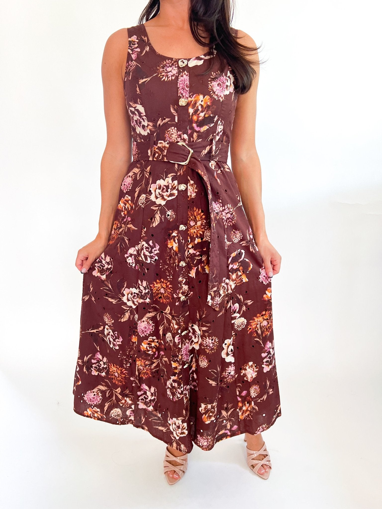 Brown floral eyelet midi dress with removable belt