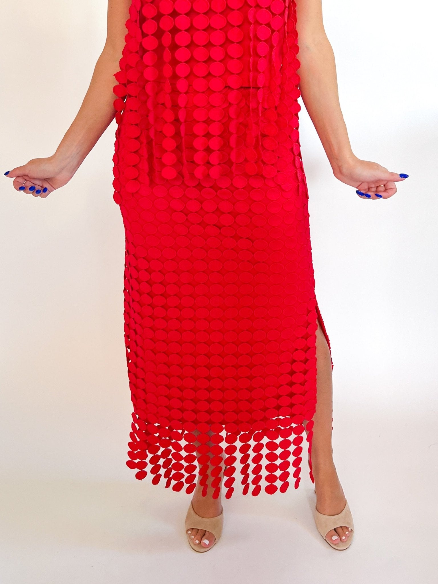 Red fringe maxi skirt with circle appliqué