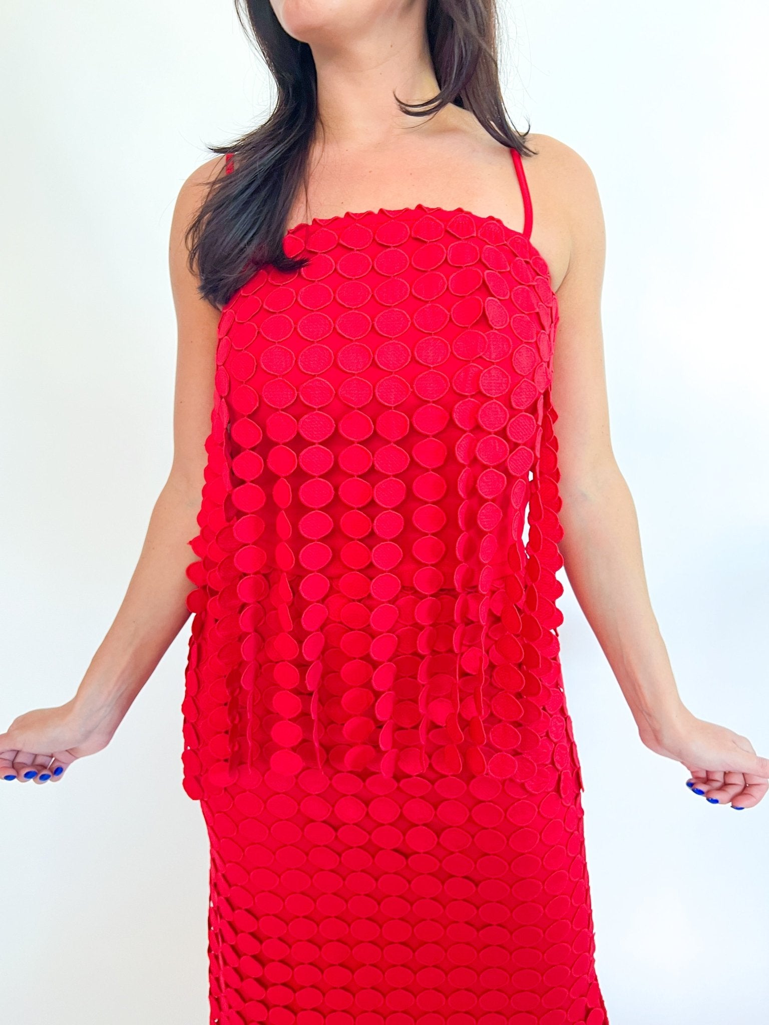 Red sleeveless cami top with circle fringe appliqué