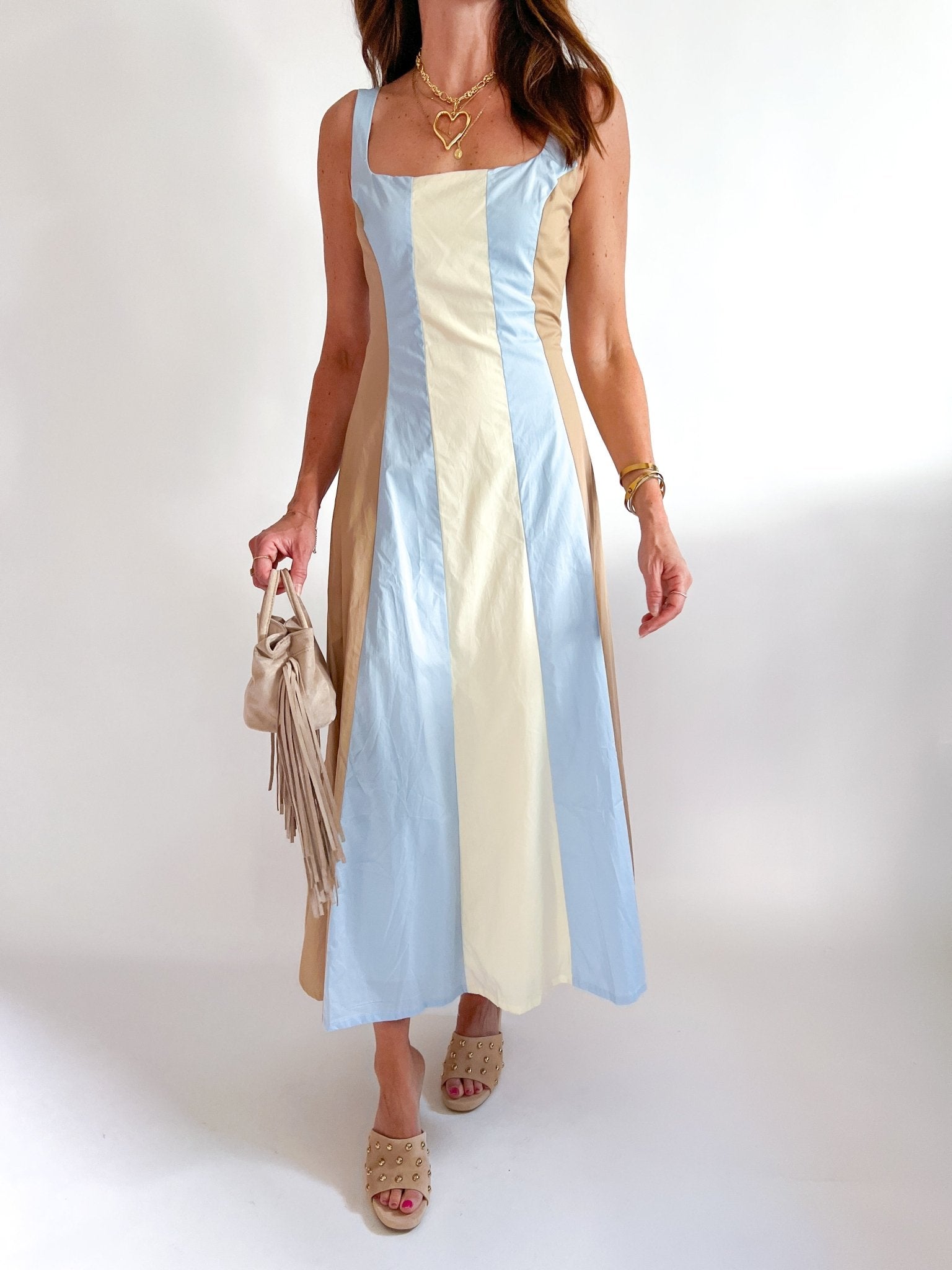 Colorblock Square Neck Maxi Dress with clean paneled colorblock design in blue