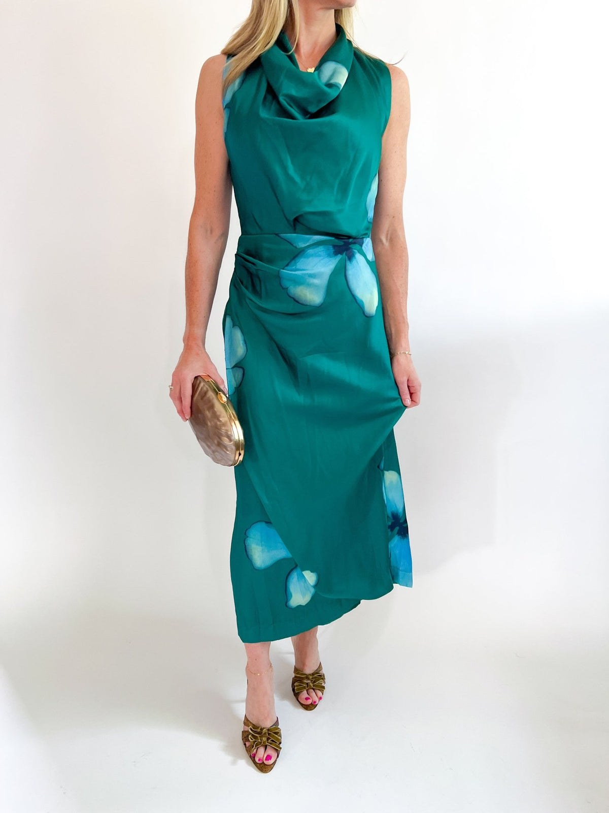 Cowl Neck Sleeveless Pleated Waist Midi Dress - Swoon Boutique New Orleans