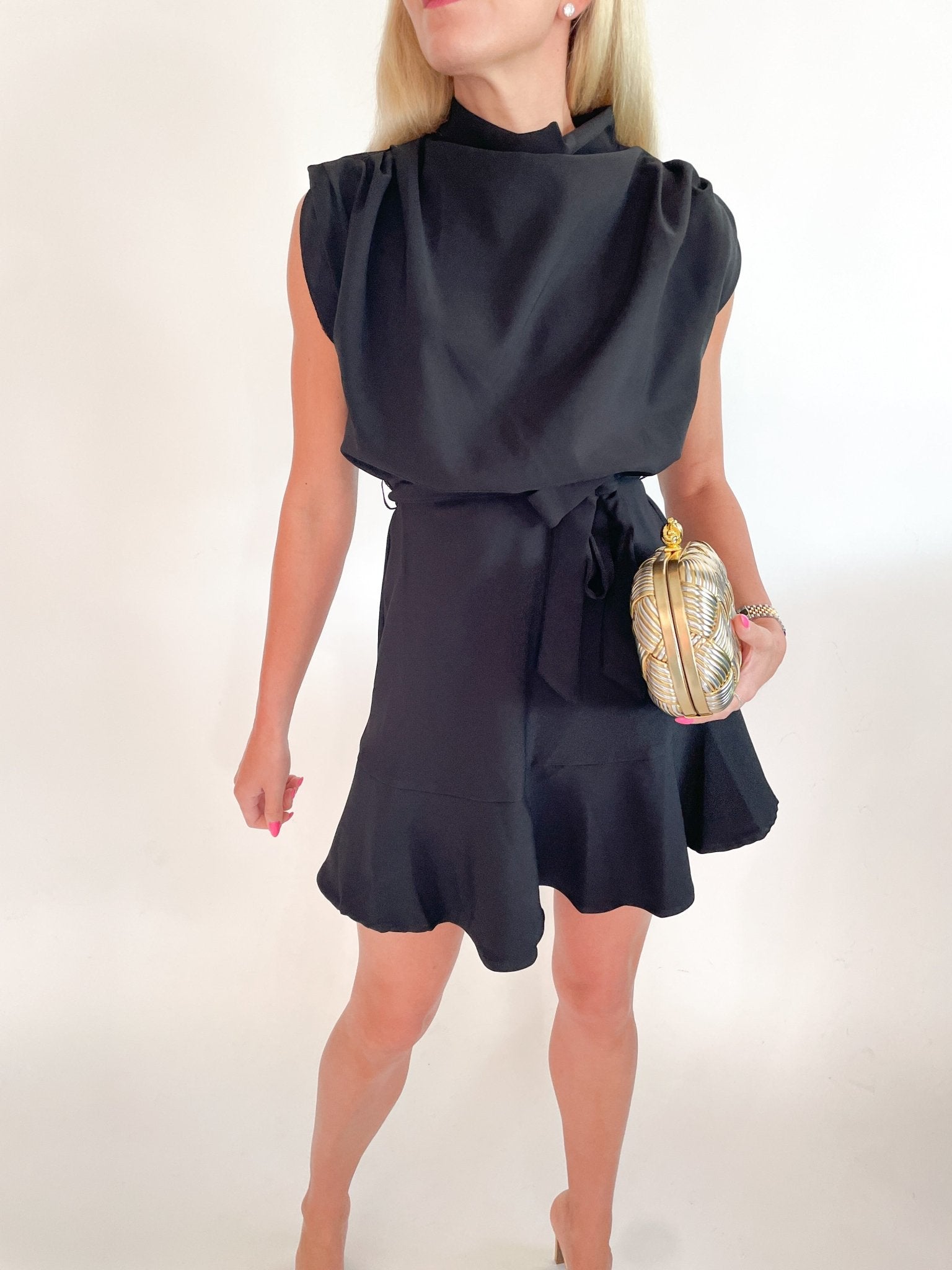 Black sleeveless mini dress with cowl neckline