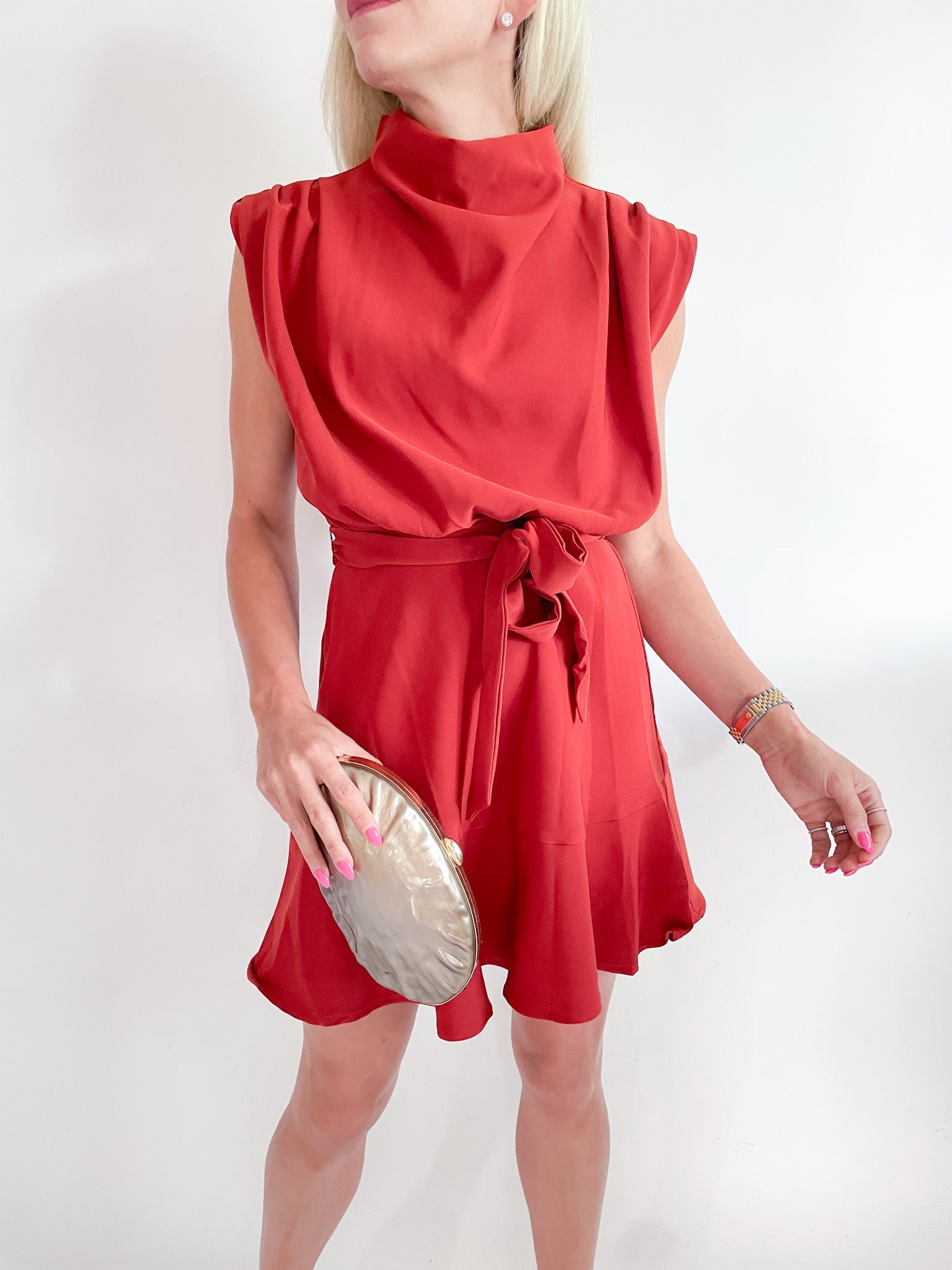 Cowl Neck Sleeveless Waist Tie Mini Dress - Swoon Boutique New Orleans