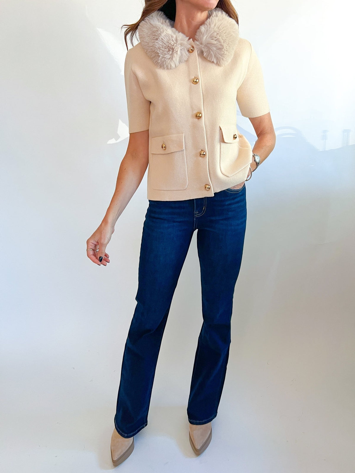 Creme Faux Fur Trim Cardigan - Swoon Boutique New Orleans