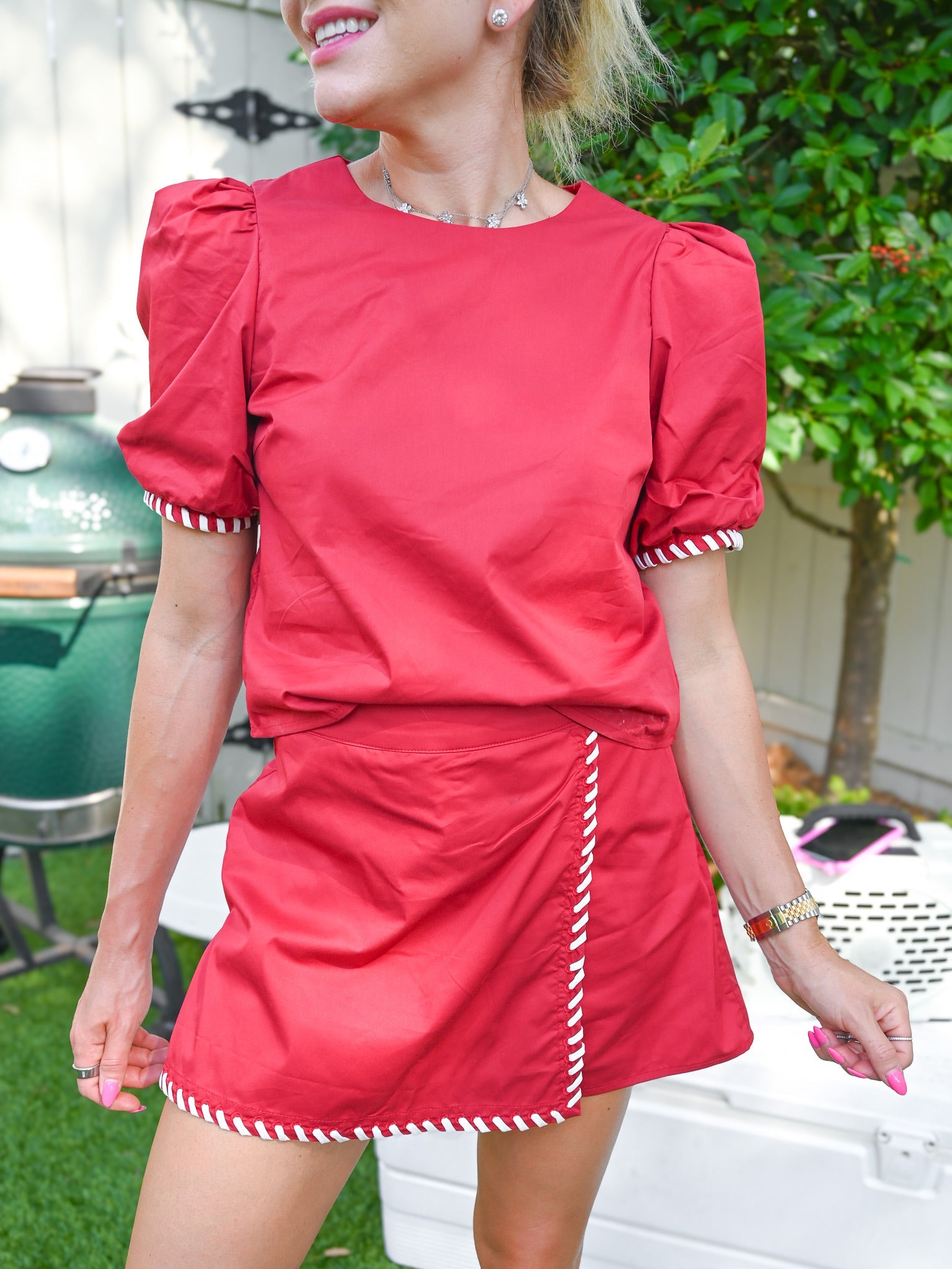 Crimson Contrast Stitch Puff Sleeve Skort Set - Swoon Boutique New Orleans