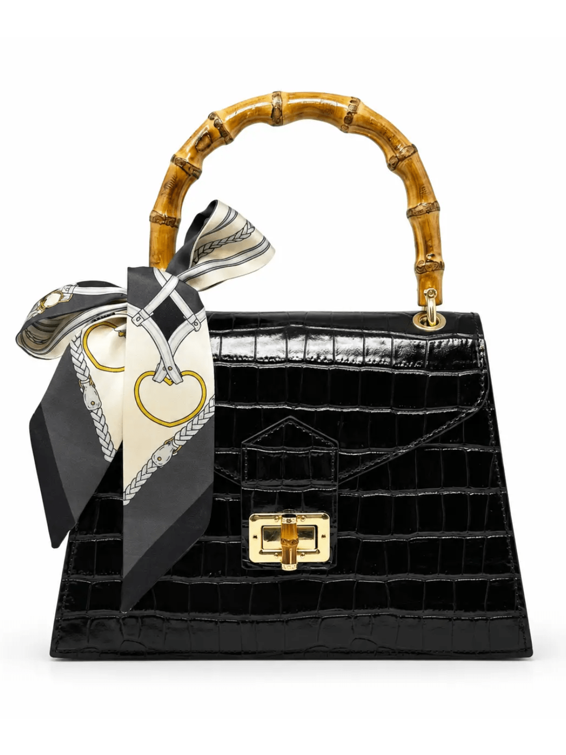 Black croc embossed leather bag with bamboo top handle